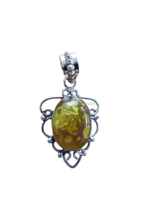 Solid 925 Sterling Silver Pendant For Women Men, Genuine Baltic Amber Cabochon Oval Gemstone Unique Handcrafted Pendant For Her Him