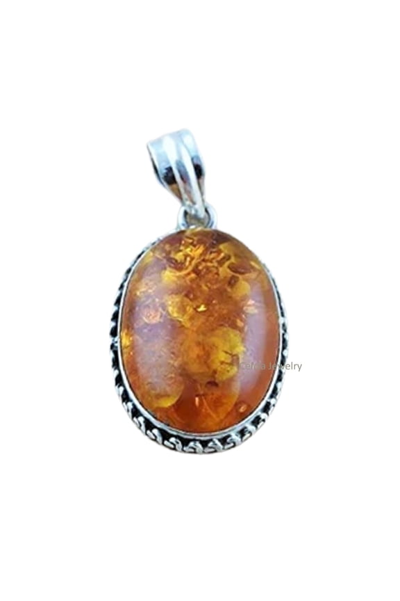 Solid 925 Sterling Silver Pendant For Women Men, Genuine Baltic Amber Cabochon Oval Gemstone Unique Handmade Jewelry For Her Him