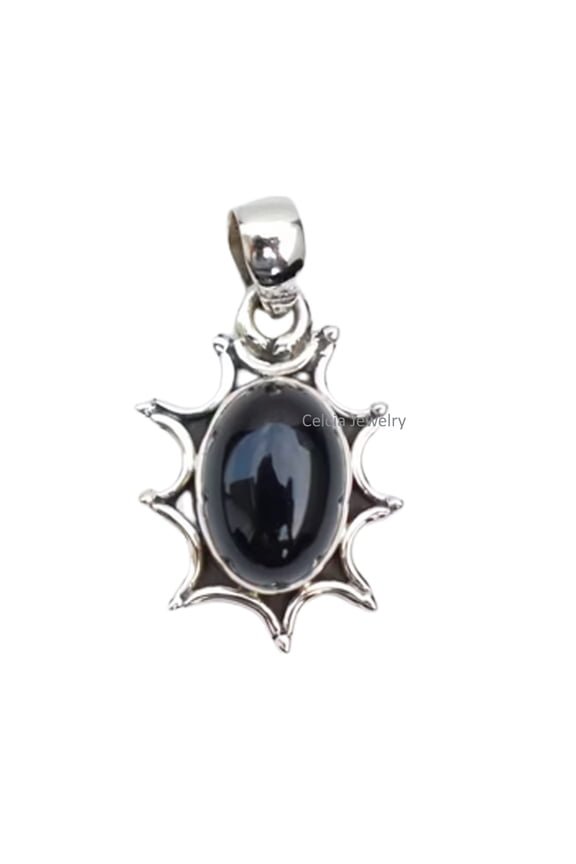 Solid 925 Sterling Silver Pendant For Women Men, Genuine Black Onyx Cabochon Oval Gemstone Unique Handcrafted Pendant For Her Him