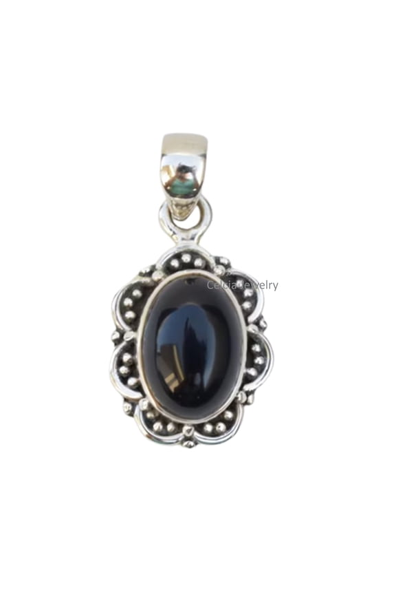 Solid 925 Sterling Silver Pendant For Women Men, Genuine Black Onyx Cabochon Oval Gemstone Unique Handcrafted Pendant Gift For Her Him