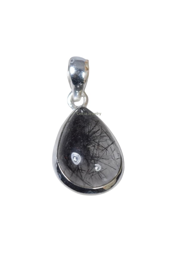 Solid 925 Sterling Silver Pendant For Women Men, Genuine Black Rutile Quartz Pear Gemstone Unique Handcrafted Pendant For Her Him