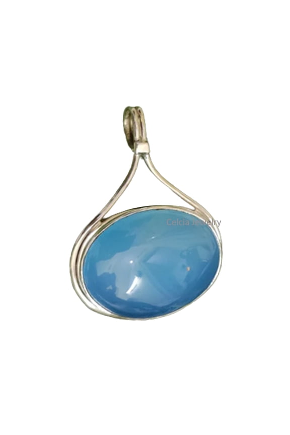 Solid 925 Sterling Silver Pendant For Women Men, Genuine Blue Chalcedony Cabochon Oval Gemstone Unique Handcrafted Jewelry For Her Him
