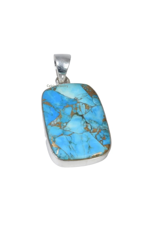 Solid 925 Sterling Silver Pendant For Women Men, Genuine Blue Copper Turquoise Gemstone Unique Handcrafted Jewelry For Her Him