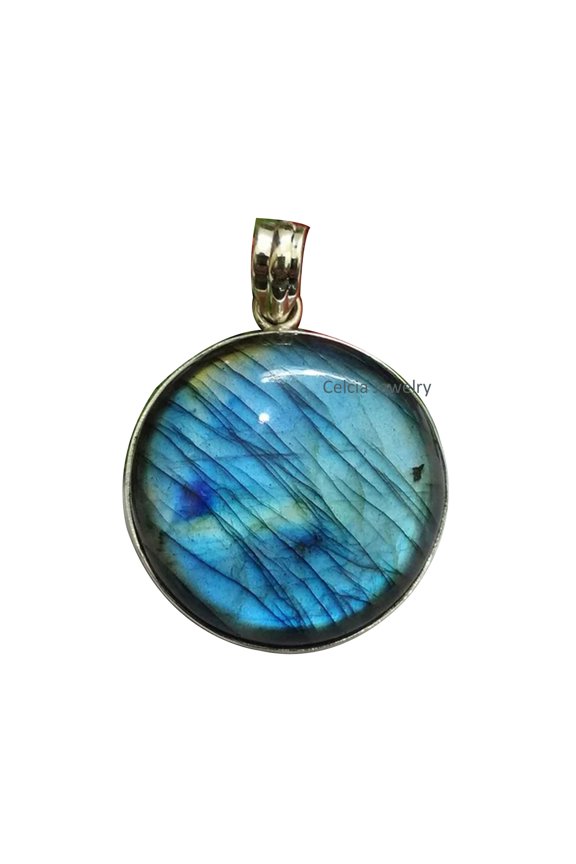 Solid 925 Sterling Silver Pendant For Women Men, Genuine Blue Fire Labradorite Round Gemstone Unique Handcrafted Jewelry For Her Him