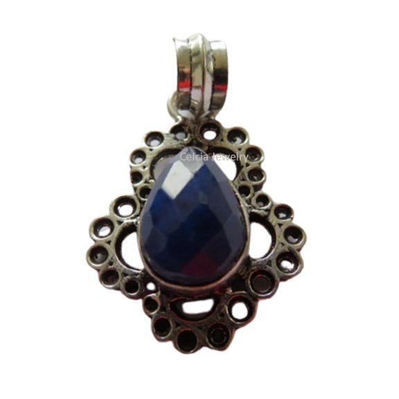 Solid 925 Sterling Silver Pendant For Women Men, Genuine Blue Sapphire Checker Pear Gemstone Amazing Handcrafted September Birthstone Jewelry