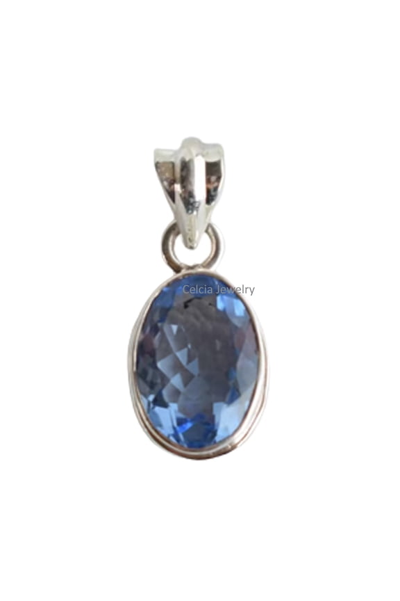 Solid 925 Sterling Silver Pendant For Women Men, Genuine Blue Topaz Oval Gemstone Unique Handcrafted November Birthstone Gift Pendant
