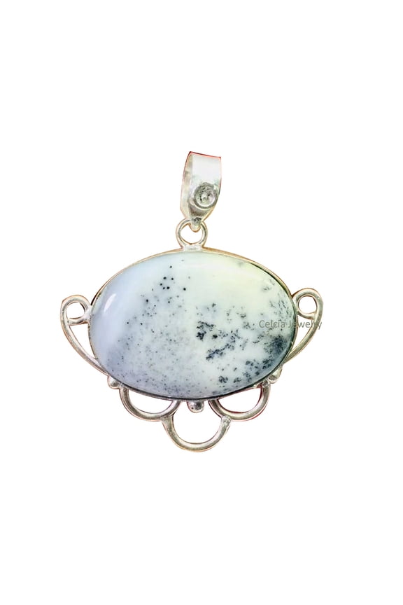 Solid 925 Sterling Silver Pendant For Women Men, Genuine Dendritic Opal Cabochon Oval Gemstone Unique Handcrafted Pendant For Her Him