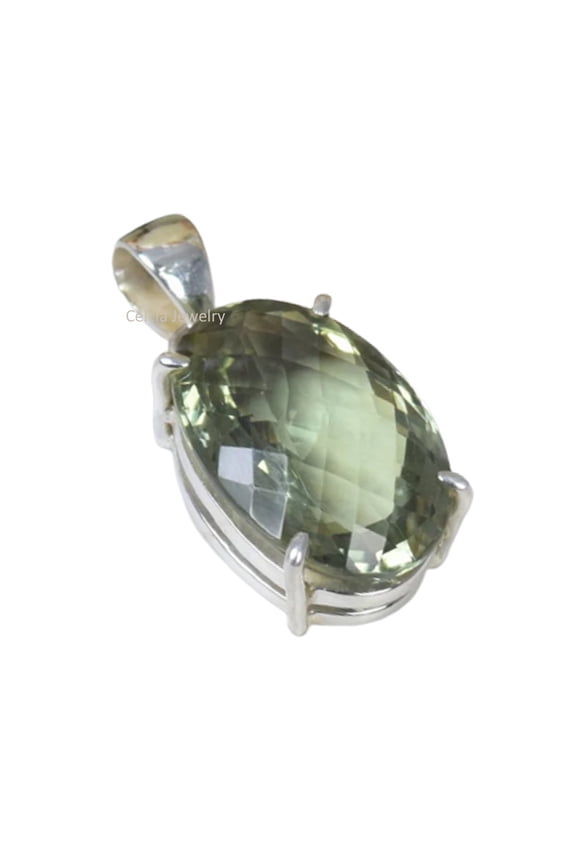 Solid 925 Sterling Silver Pendant For Women Men, Genuine Green Amethyst Oval Gemstone Unique Handcrafted Pendant For Her Him