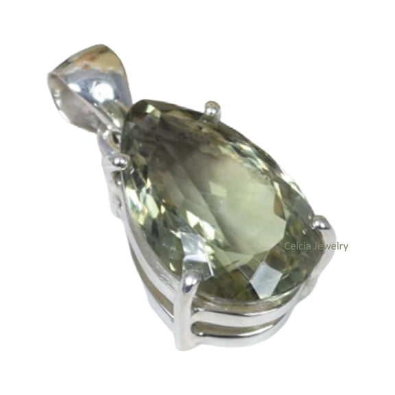 Solid 925 Sterling Silver Pendant For Women Men, Genuine Green Amethyst Pear Gemstone Unique Handcrafted Pendant For Her Him