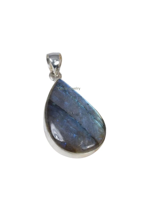 Solid 925 Sterling Silver Pendant For Women Men, Genuine Labradorite Pear Gemstone Unique Handcrafted Jewelry For Her Him
