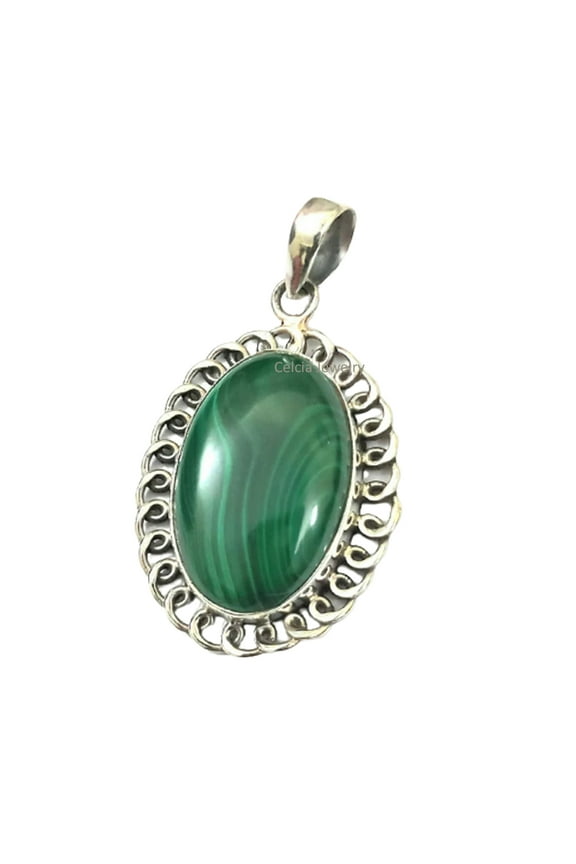 Solid 925 Sterling Silver Pendant For Women Men, Genuine Malachite Cabochon Oval Green Gemstone Unique Handcrafted Jewelry
