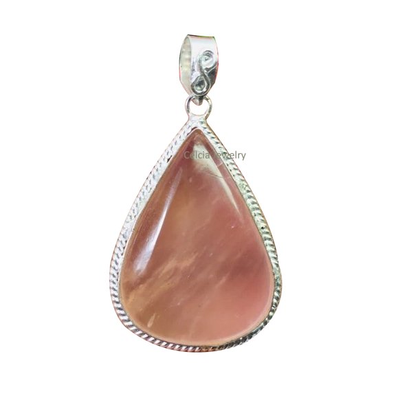 Solid 925 Sterling Silver Pendant For Women Men, Genuine Pear Rose Quartz Gemstone Unique Handcrafted October Birthstone Jewelry