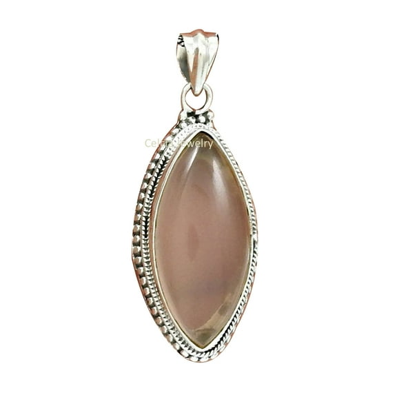 Solid 925 Sterling Silver Pendant For Women Men, Genuine Pink Rose Quartz Gemstone Unique Handcrafted October Birthstone Jewelry
