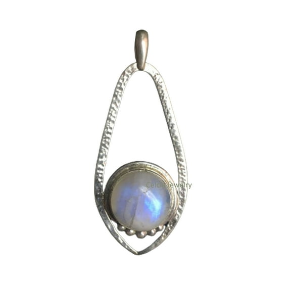 Solid 925 Sterling Silver Pendant For Women Men, Genuine Rainbow Moonstone Round Gemstone Unique Handcrafted June Birthstone Jewelry
