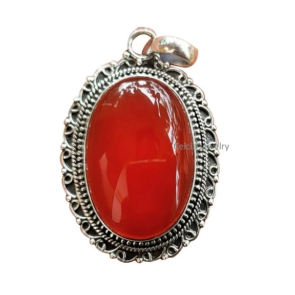 Solid 925 Sterling Silver Pendant For Women Men, Genuine Red Onyx Cabochon Oval Gemstone Amazing Handcrafted Pendant For Her Him