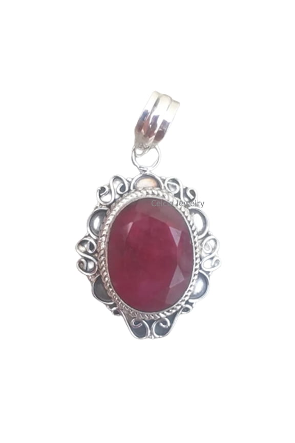 Solid 925 Sterling Silver Pendant For Women Men, Genuine Ruby Faceted Oval Gemstone Unique Handcrafted July Birthstone Pendant