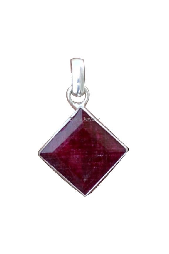 Solid 925 Sterling Silver Pendant For Women Men, Genuine Ruby Faceted Square Pink Gemstone Unique Handcrafted July Birthstone Pendant
