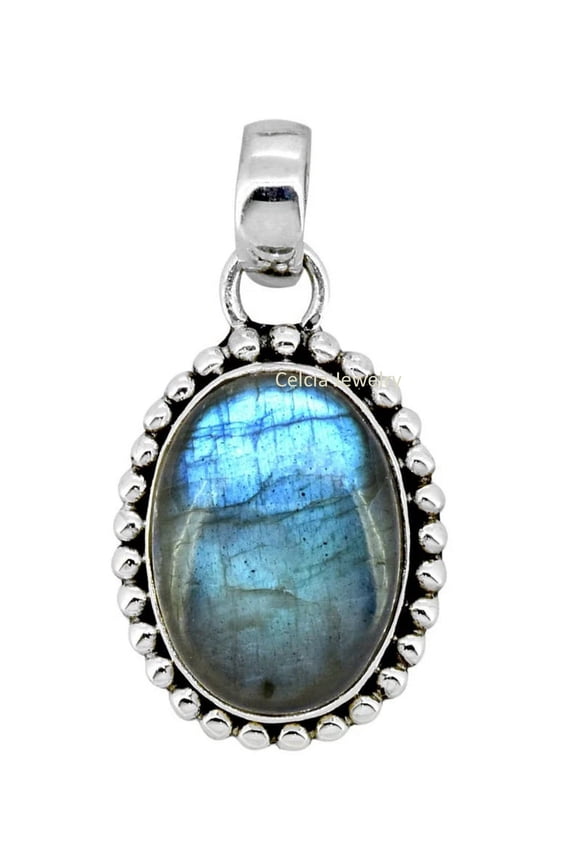 Solid 925 Sterling Silver Pendant For Women Men, Natural Labradorite Blue Fire Oval Gemstone Amazing Handcrafted Jewelry For Her Him