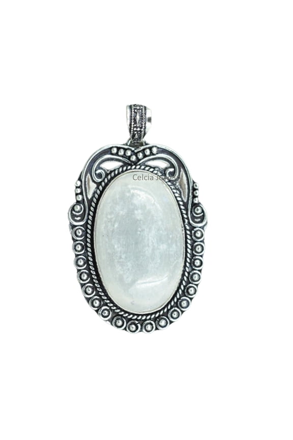 Solid 925 Sterling Silver Pendant For Women Men, Natural Moonstone Cabochon Oval Gemstone Unique Handcrafted June Birthstone Jewelry