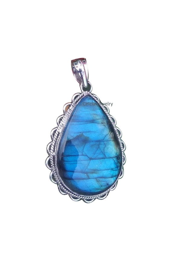 Solid 925 Sterling Silver Pendant For Women Men, Natural Pear Labradorite Blue Fire Gemstone Amazing Handcrafted Jewelry For Her Him