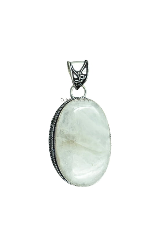 Solid 925 Sterling Silver Pendant For Women Men, Natural White Moonstone Oval Gemstone Unique Handcrafted June Birthstone Jewelry