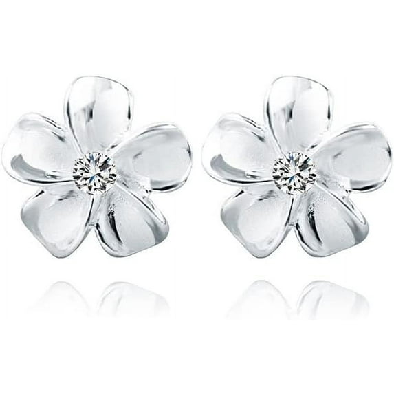 Solid 925 Sterling Silver Plumeria Flower Stud Earrings for Women Teens Crystal Flower Stud Earrings