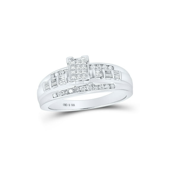 Solid 925 Sterling Silver Princess Cut Diamond Square Cluster Bridal Wedding Engagement Ring Band 1/3 Ct. - Size 6