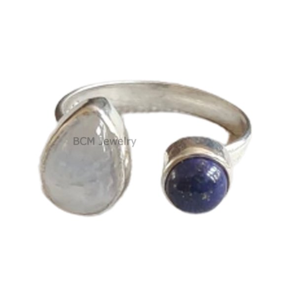 Solid 925 Sterling Silver Ring For Womens, Natural Moonstone, Lapis Lazuli Ring Gemstone Unique Handcrafted Ring For Her