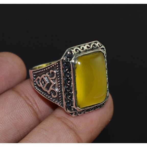 Solid 925 Sterling Silver Rings For Unisex Yellow Onyx Stone Cushion Shape Stone Vintage Gift For Him Gift for Her Rings