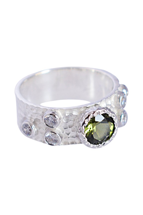 Solid 925 Sterling Silver Round Natural Moldavite Gemstone Ring Unisex Jewelry