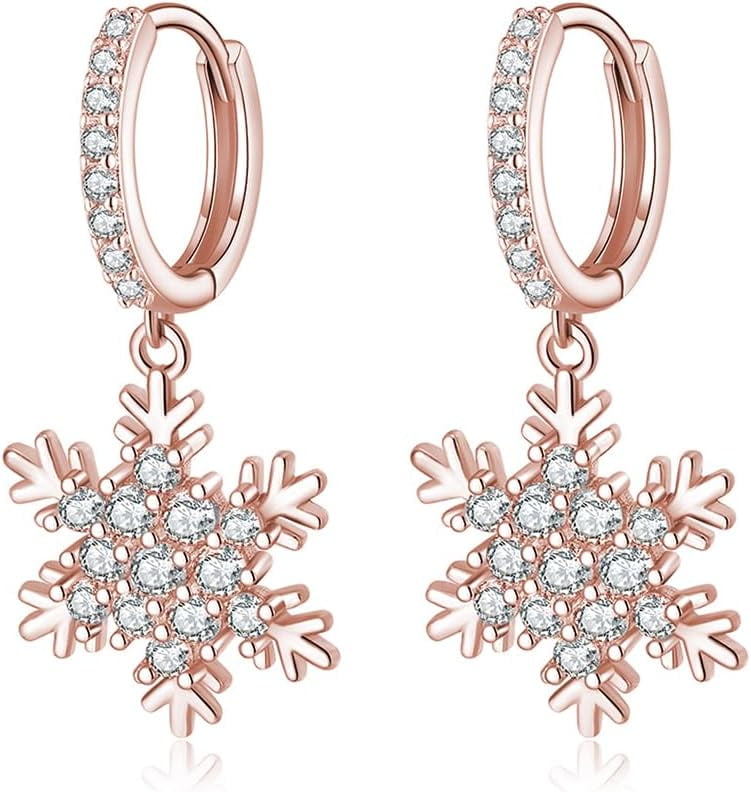 Solid 925 Sterling Silver Sparkling CZ Snowflake Hoop Earrings for Women Teens Snowflake Hoop Earrings Huggie Earrings Drop Christmas Gifts