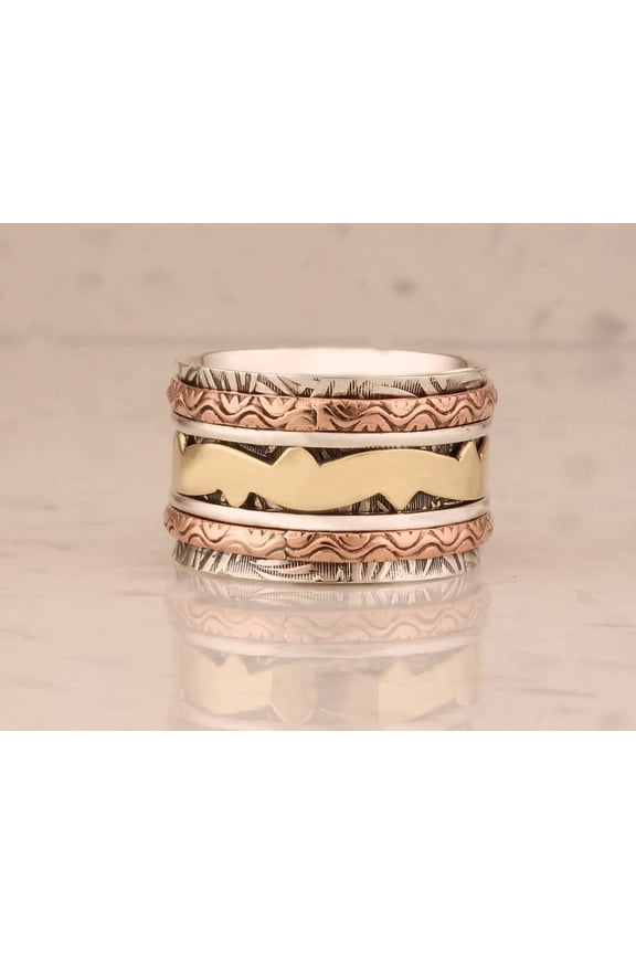 Solid 925 Sterling Silver Spinner Ring – Wide Band Fidget Anxiety Ring for Women, Handmade Meditation Spinning Ring, Nature-Inspired Stress-Relief Jewelry