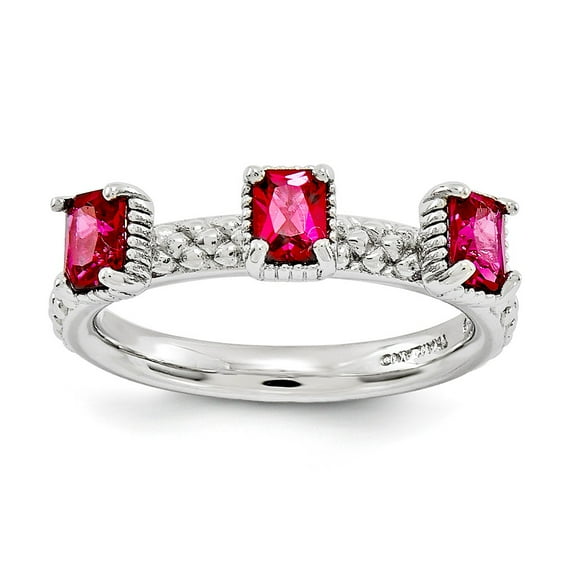 Solid 925 Sterling Silver Stackable Created Ruby Three Stone Ring Eternity Band Size 9