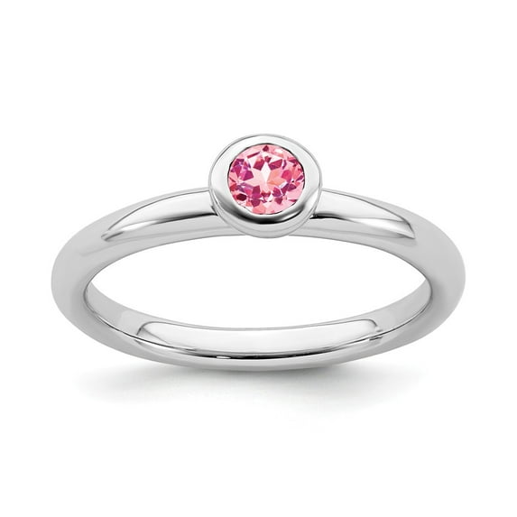 Solid 925 Sterling Silver Stackable Low 4mm Round Pink Tourmaline October Gemstone Ring Eternity Band Size 8