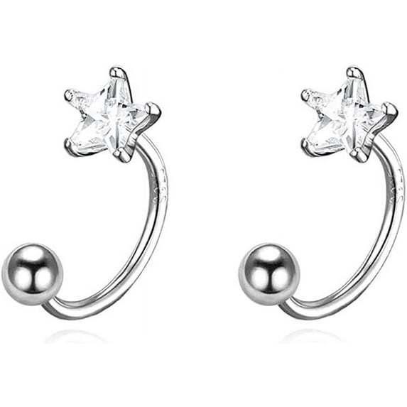 Solid 925 Sterling Silver Star Half Hoop Earrings Open Huggie Hoops for Women Teens CZ Star Hoop Earrings Ball Cuffs
