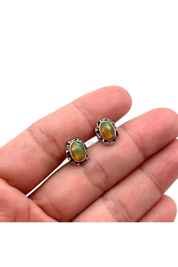 Solid 925 Sterling Silver Stud Earrings For Women, Natural Opal Cabochon Round Gemstone Beautiful Handcrafted October Birthstone Gifts