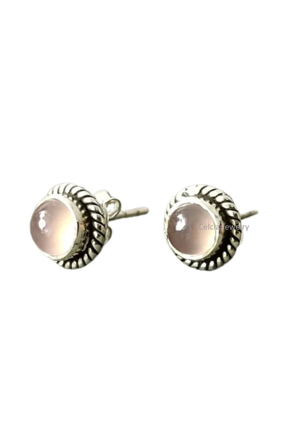 Solid 925 Sterling Silver Stud Earrings For Women, Natural Rose Quartz Cabochon Round Gemstone Unique Handcrafted October Birthstone Gift