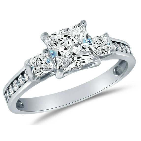 Solid 925 Sterling Silver Three 3 Stone Wedding Engagement Ring CZ Cubic Zirconia - Princess Cut Solitaire with Round Side Stones (1.75cttw., 1.5ct. Center)