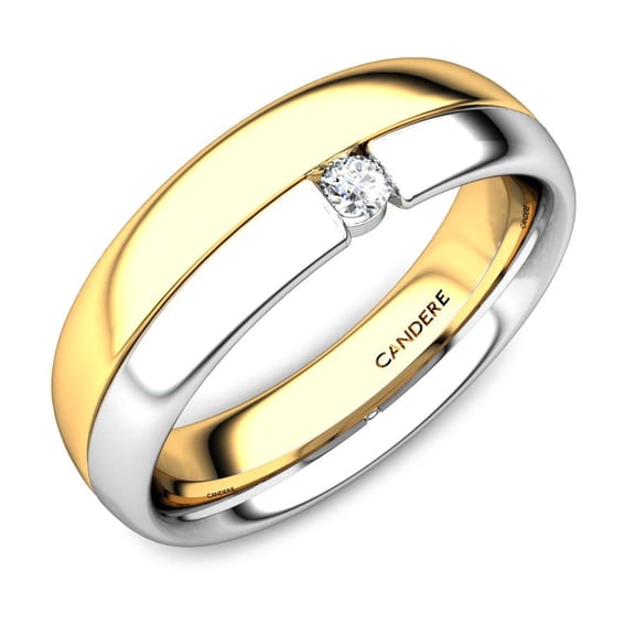 Solid 925 Sterling Silver Two-Tone Men's Band - Single Moissanite Stone Inset - 14K Yellow Gold Plated Modern Wedding Ring for Men