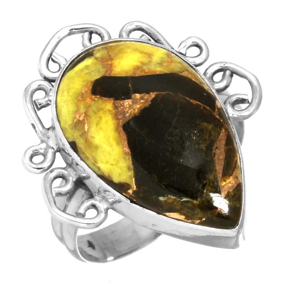 Solid 925 Sterling Silver Unique Ring Yellow Copper Calcite