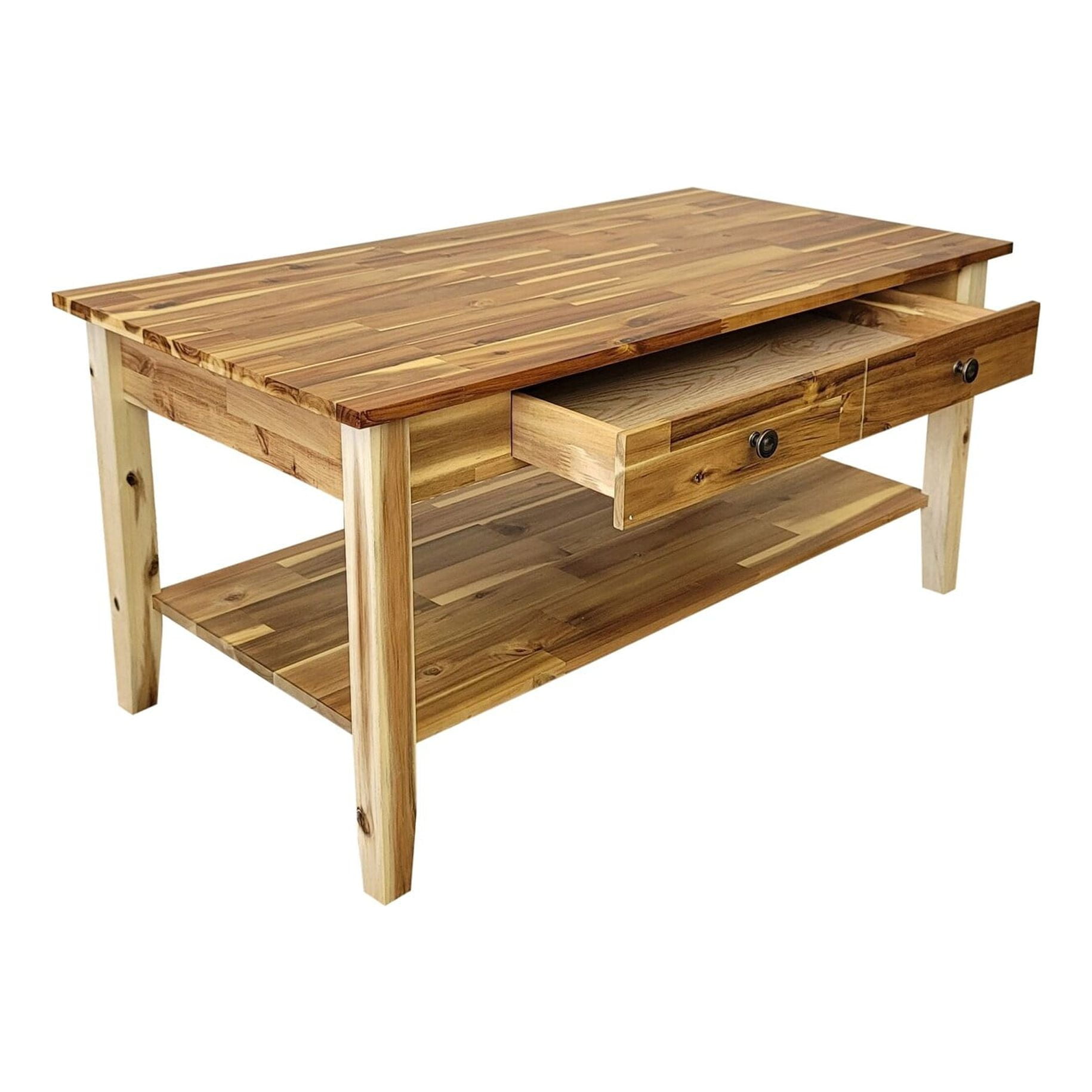 Natural Acacia Wood Rectangular Coffee Table with Drawer and Shelf