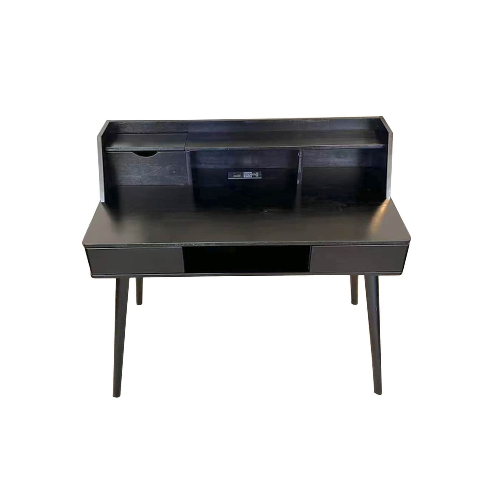 Black Acacia Wood Writing Desk with USB Ports and Drawer