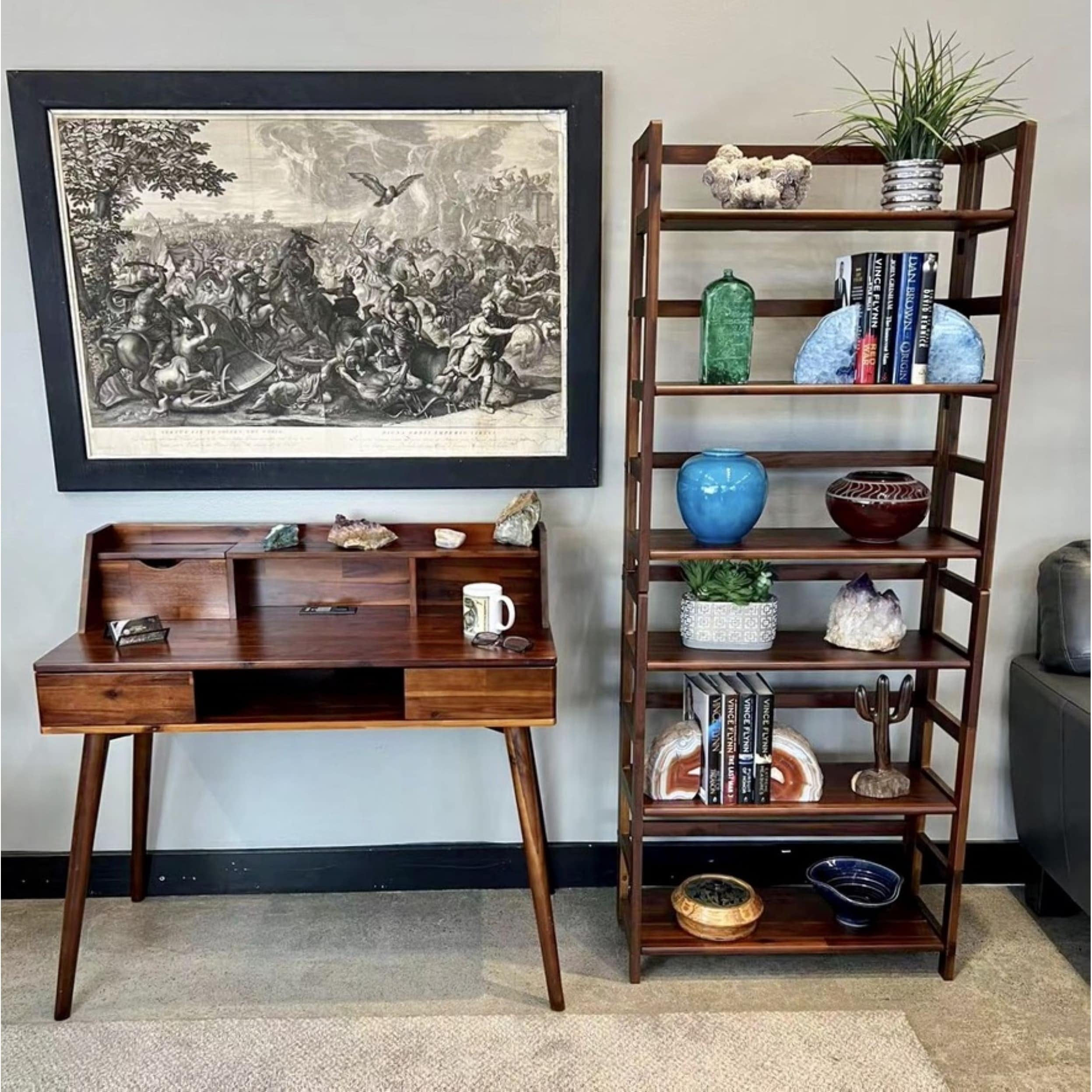 Mahogany Acacia Wood Desk with Charging Station and Drawers