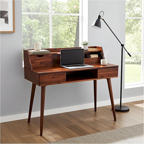 Solid Acacia Desk with Charging Station Mahogany