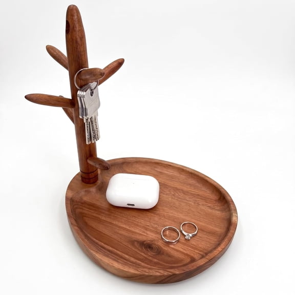 Solid Acacia Key Tray for Entryway Table, Key Holder with 5 Hooks and Catchall Tray, Organizer for Wallet, Watch, Jewelry, Dresser Nightstand Room Decor Gift