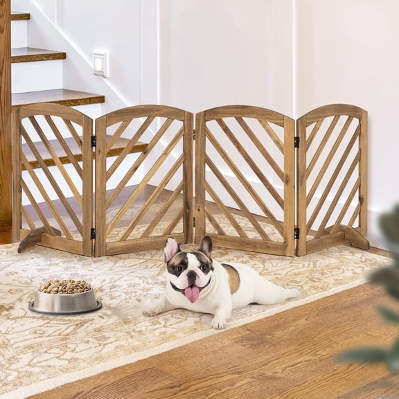 Solid Acacia Wood Dog Gate, Expanded Wide 81 Inches, Freestanding Dog Gate Indoor, Foldable 4 Panels with 2 Support Legs, Ideal for Doorway, Kitchen, Hall, Stairs, Pet securety, Ebony Color
