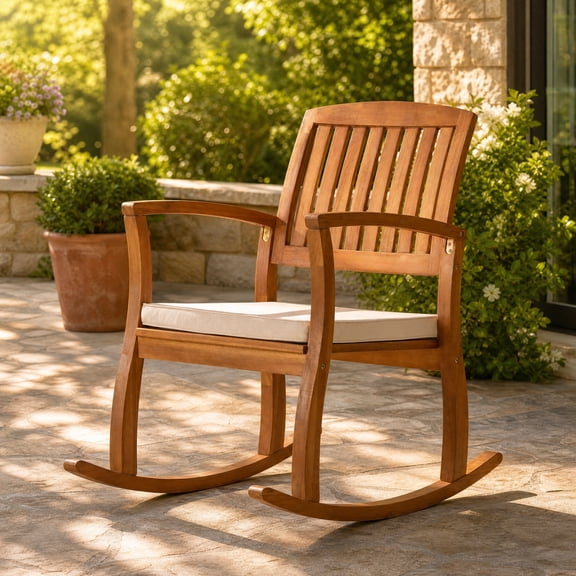 Solid Acacia Wood Outdoor Rocking Chair with Water‑Resistant Cushions, Slatted Back Patio Rocker with Curved Armrests For Garden Lawn Backyard Pool 24.00" W x 33.25" D x 35.75" H.