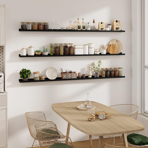 Solid Ash Wood Picture Ledge Shelf Set of 2, 56 Inch Long Floating Wall Shelves for Living Room Bedroom Kitchen Decor Kids Bookshelf, Black