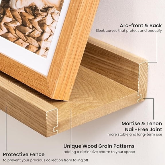 Solid Ash Wood Picture Ledge Shelf, Wood Floating Shelves Set of 2, 48 Inch Long Large Photo Ledge Shelves, Nursery Book Shelves Wall Mounted for Living Room Kids' Bedroom Decor, Natural