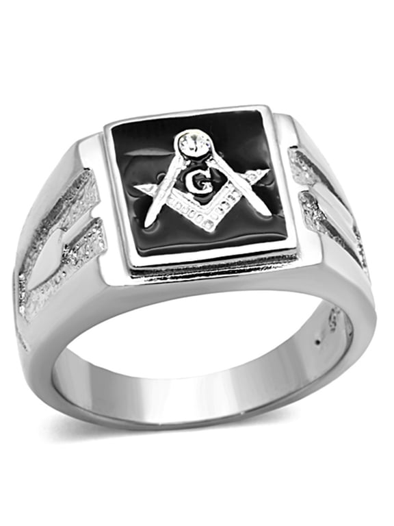 Solid Back Square Face 316 Stainless Steel Masonic Men's Onyx Ring- Size 10